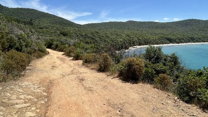 Dirt path along forested hills overlooking the blue sea