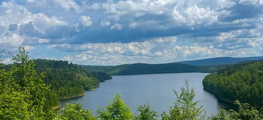 See mit grünen Bäumen und bewölktem Himmel im Sommer