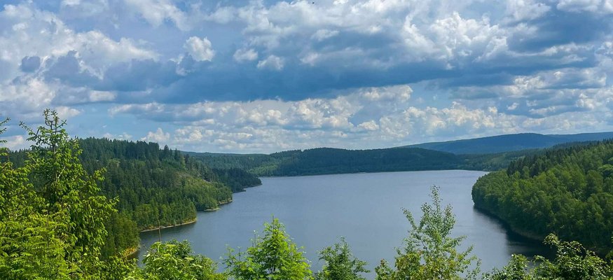 See mit grünen Bäumen und bewölktem Himmel im Sommer