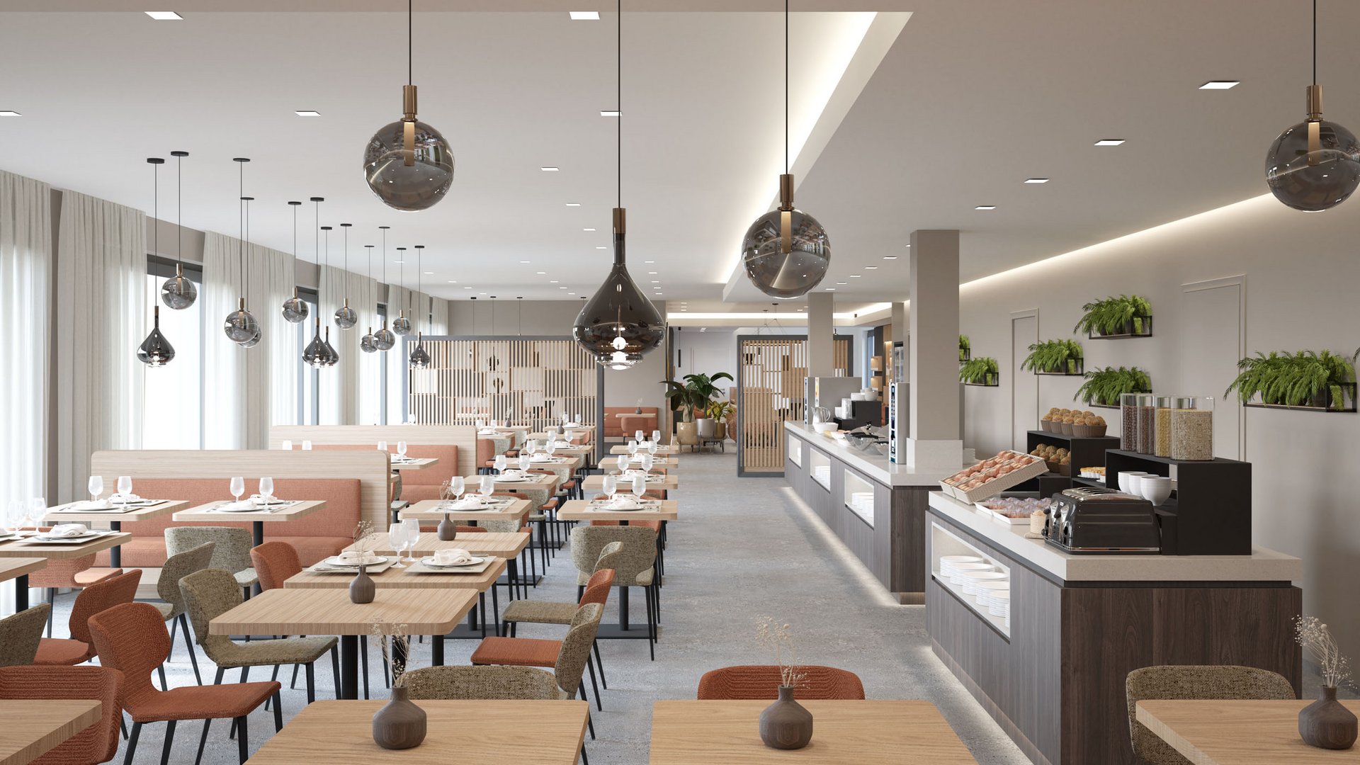 Moderner, heller Speisesaal mit Holz- und gepolsterten Stühlen