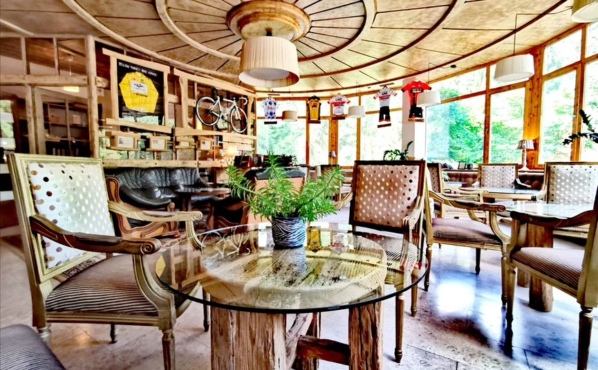 Cozy café corner with wooden ceiling and unique bicycle wall decor