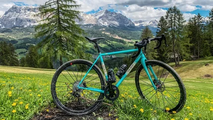 Fahrrad auf grüner Wiese vor Bergen und bewölktem Himmel