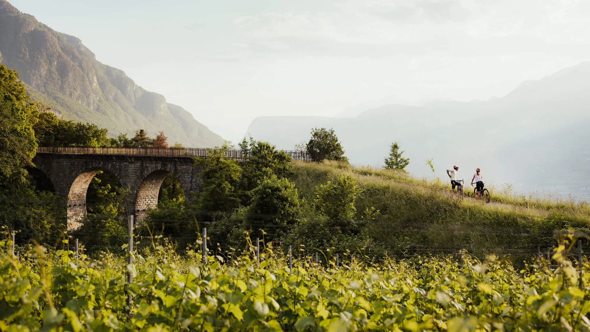 Zwei Radfahrer auf einem Hügel neben einer alten Steinbrücke in grüner Landschaft