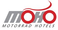 Logo von Motorradhotels mit stilisiertem Motorrad in Grau und Rot