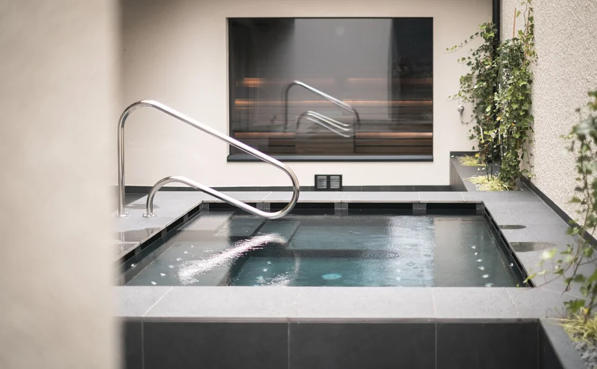 Modern hot tub with stainless steel handrail and wall plants