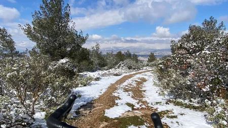 Bikepacking von Wien nach Athen © Jan Koller Fahrradlenker auf schneebedecktem Waldweg unter blauem Himmel