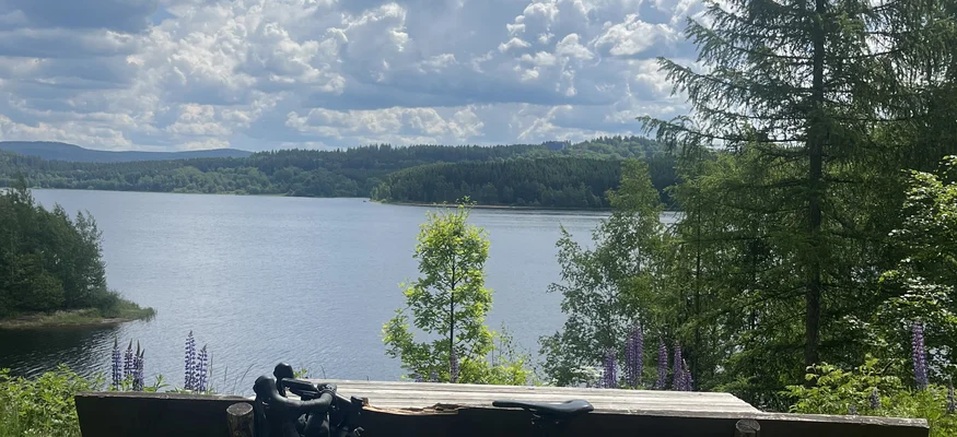 Fahrrad vor Tisch und Bank mit See und bewölktem Himmel im Hintergrund