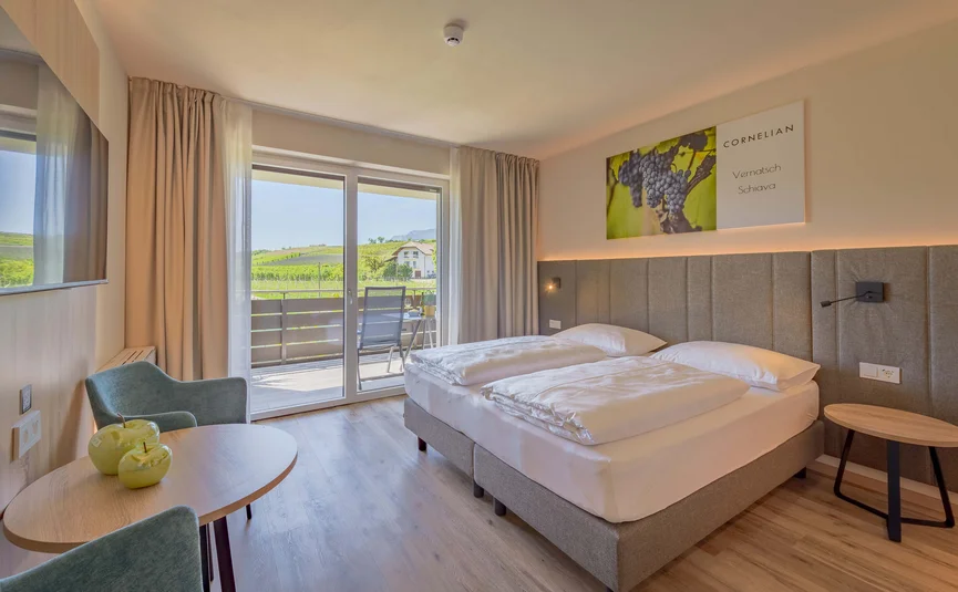 Bright bedroom with double bed and balcony view of vineyard