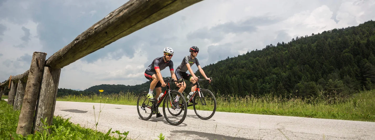 La Bassa © Heiko Mandl Two cyclists on country road next to green grass and forest under cloudy sky