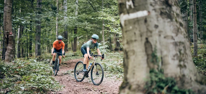 Graveln für Anfänger © Tobias Köhler Zwei Radfahrer fahren auf einem Waldweg auf Mountainbikes