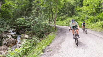 Two cyclists riding on a forest path beside a stream