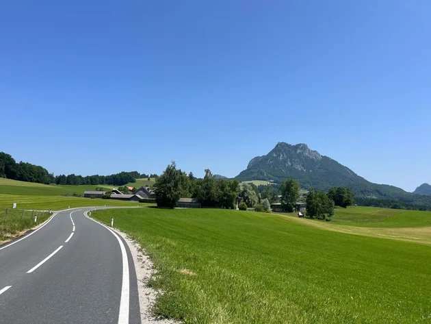 Drei Seen, eine Gravelrunde: Die 3-Seen-Tour ab Fuschl Landstraße führt durch grüne Wiesen zu einem bewaldeten Berg unter klarem blauen Himmel