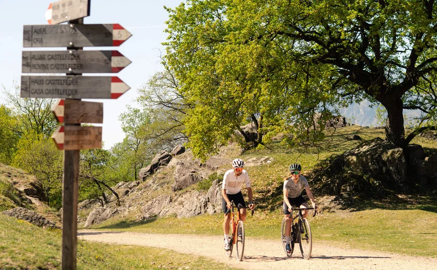 Hotel Teutschhaus ***S © Cinemepic / Teutschhaus Zwei Radfahrer auf einem Weg bei einem Wegweiser und einem großen Baum