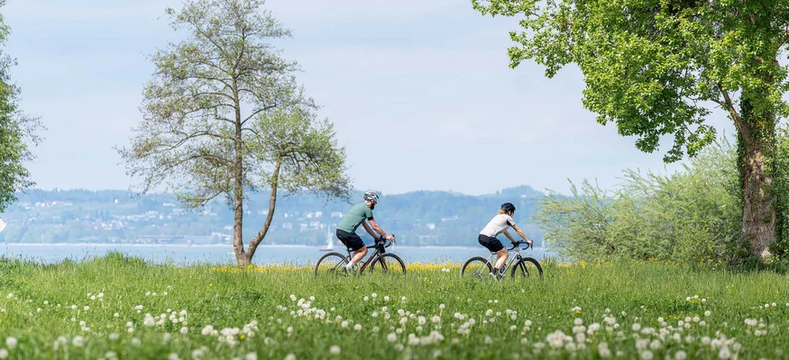 Two cyclists riding along a lakeside path in spring