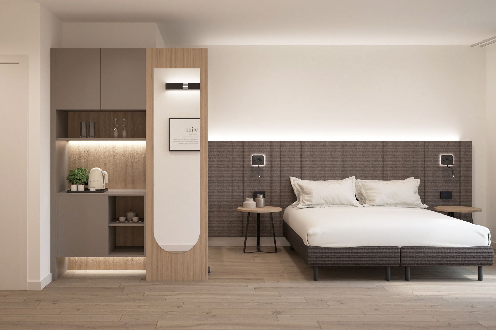 Modernes Schlafzimmer mit grauem Bett, Spiegel und Küchenzeile