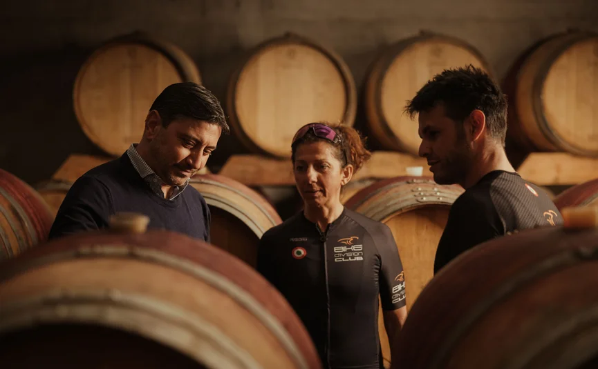 Three people inspecting barrels in a wine cellar