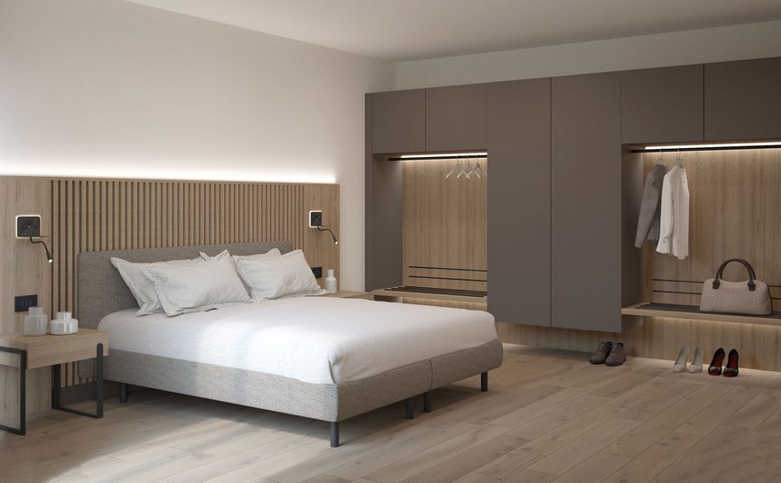 Garni Hotel Cornelian **** © Garni Hotel Cornelian Modern eingerichtetes Schlafzimmer mit Doppelbett und Kleiderschrank