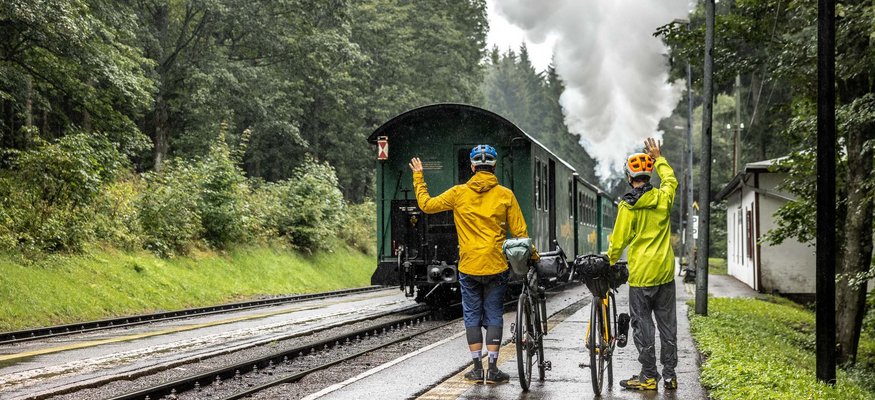 Two cyclists waving at a departing steam train in the forest