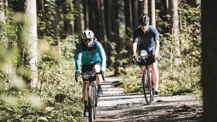 Zwei Radfahrer fahren auf einem Waldweg bei sonnigem Wetter