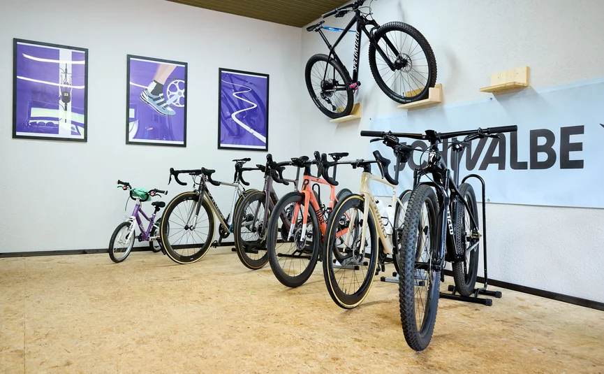Multiple bicycles indoors, some hanging on the wall