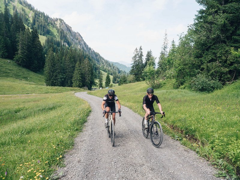 Zwei Radfahrer fahren auf einem Schotterweg durch eine grüne Berglandschaft