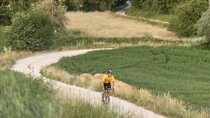 Cyclist riding on a narrow path through green and yellow fields in hilly landscape