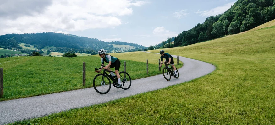 Zwei Radfahrer fahren auf einer Landstraße durch grüne Hügel und Wälder.