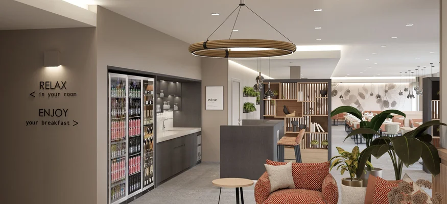 Modernes Hotel-Lounge mit Sitzbereich, Snackbar und Esstisch