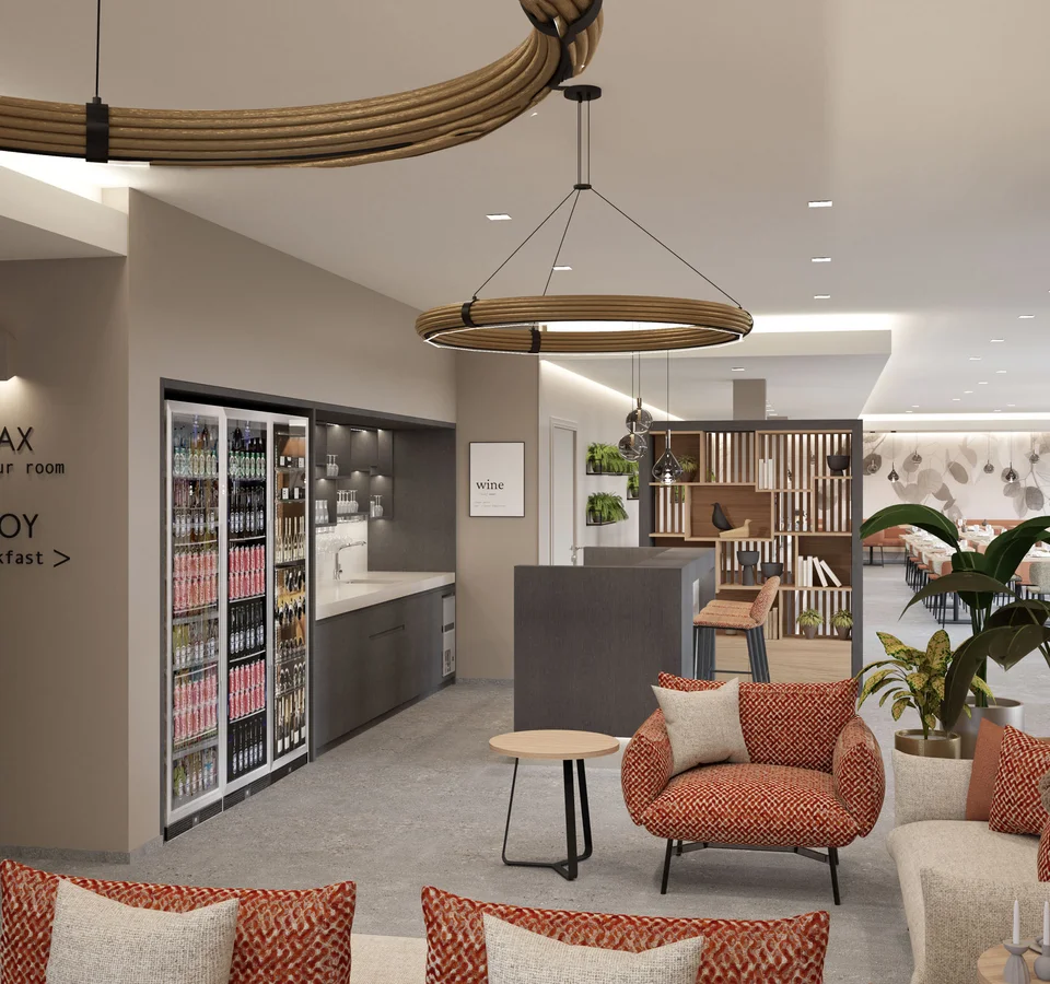 Modernes Hotel-Lounge mit Sitzbereich, Snackbar und Esstisch