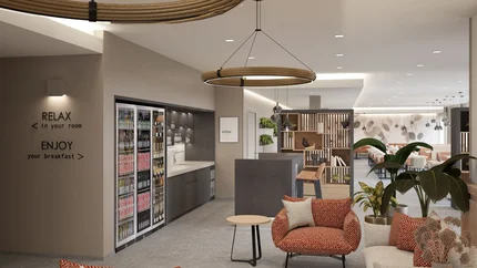 Modernes Hotel-Lounge mit Sitzbereich, Snackbar und Esstisch