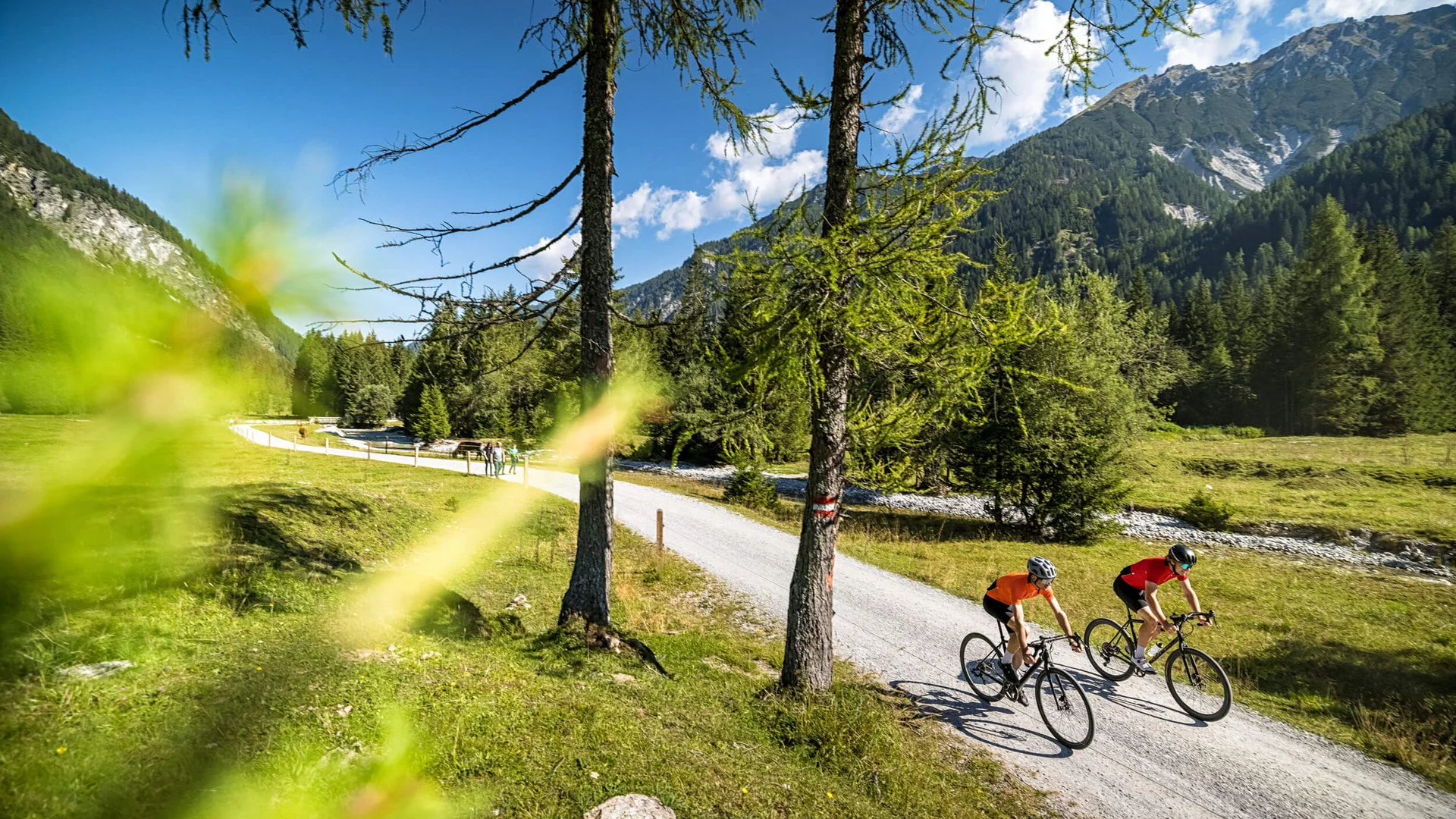 5 Gravel-Touren in der Salzburger Sportwelt, die du kennen solltest © SalzburgerLand Tourismus Zwei Radfahrer fahren auf einem Waldweg in den Bergen bei klarem Himmel