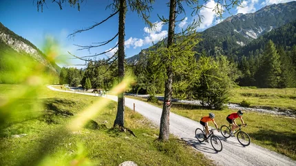 Graveln in der Salzburger Sportwelt: Influencerin @bavarian_dani entdeckt St. Johann im Pongau neu © SalzburgerLand Tourismus Zwei Radfahrer fahren auf einem Waldweg in den Bergen bei klarem Himmel