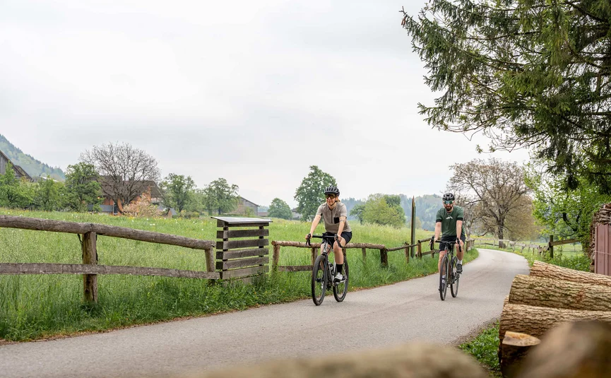 Two cyclists on a country road with green fields and trees in the background