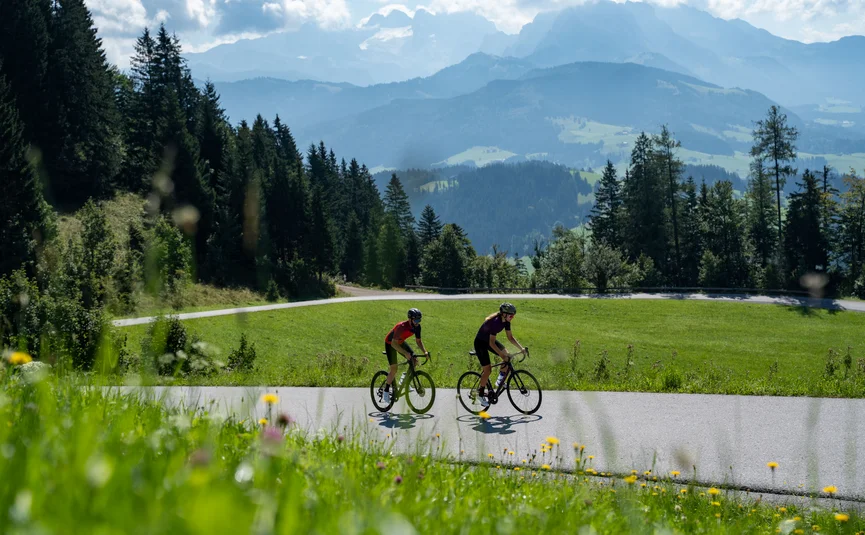 Gravelbike Urlaub in der Fuschlseeregion © Christina Neubauer Zwei Radfahrer fahren auf bergiger Straße mit grünen Wiesen und Bäumen