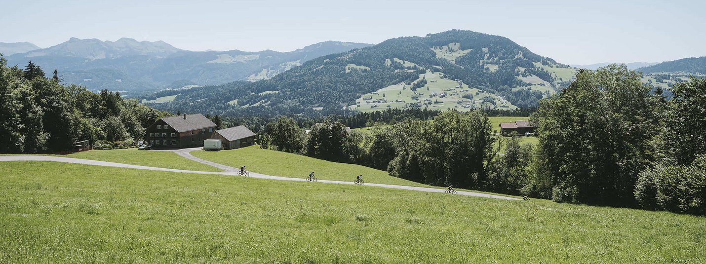 Cyclists on country road near house with mountains in background