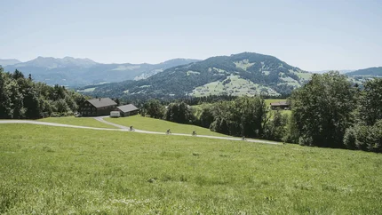 Cyclists on country road near house with mountains in background