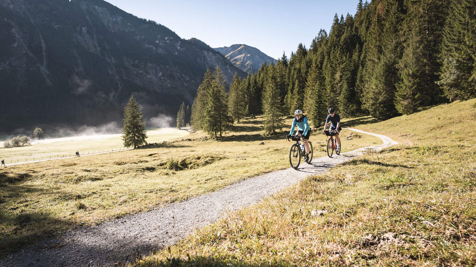 Zwei Radfahrer auf Bergweg vor Wald und Bergen bei sonnigem Wetter