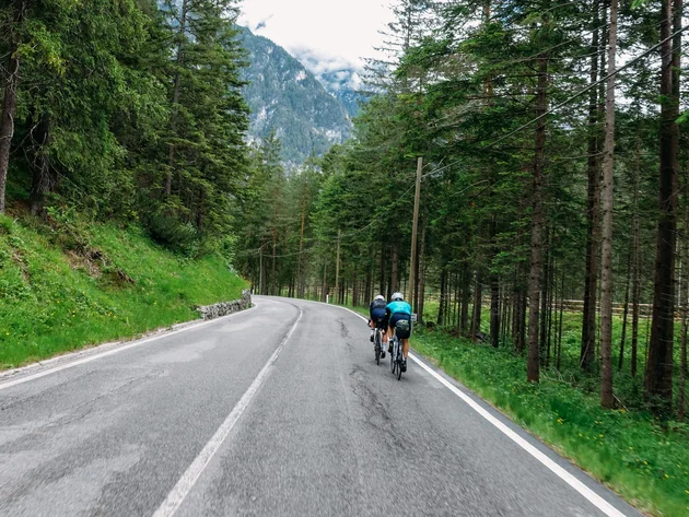 Zwei Radfahrer auf bergiger Straße durch einen Wald mit Bergen im Hintergrund