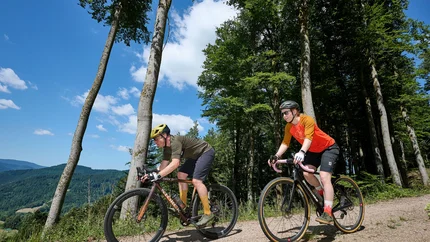Two cyclists riding on a forest trail under blue sky