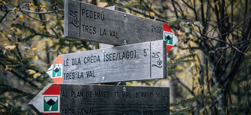 Holzwegweiser in einem bewaldeten Gebiet mit Wanderzeiten zu verschiedenen Zielen