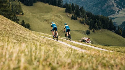 Two cyclists riding on a path through mountainous landscape with trees and meadows