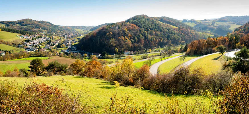 Am Krumbacherhof biked der Wirt! © Wiener Alpen - Zwickl Landschaft mit Hügeln, herbstlichen Bäumen und Dorf in der Ferne