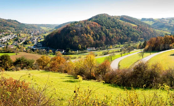 Gravel bike holiday in the Bucklige Welt © Wiener Alpen - Zwickl Landscape with hills, autumn trees, and a distant village