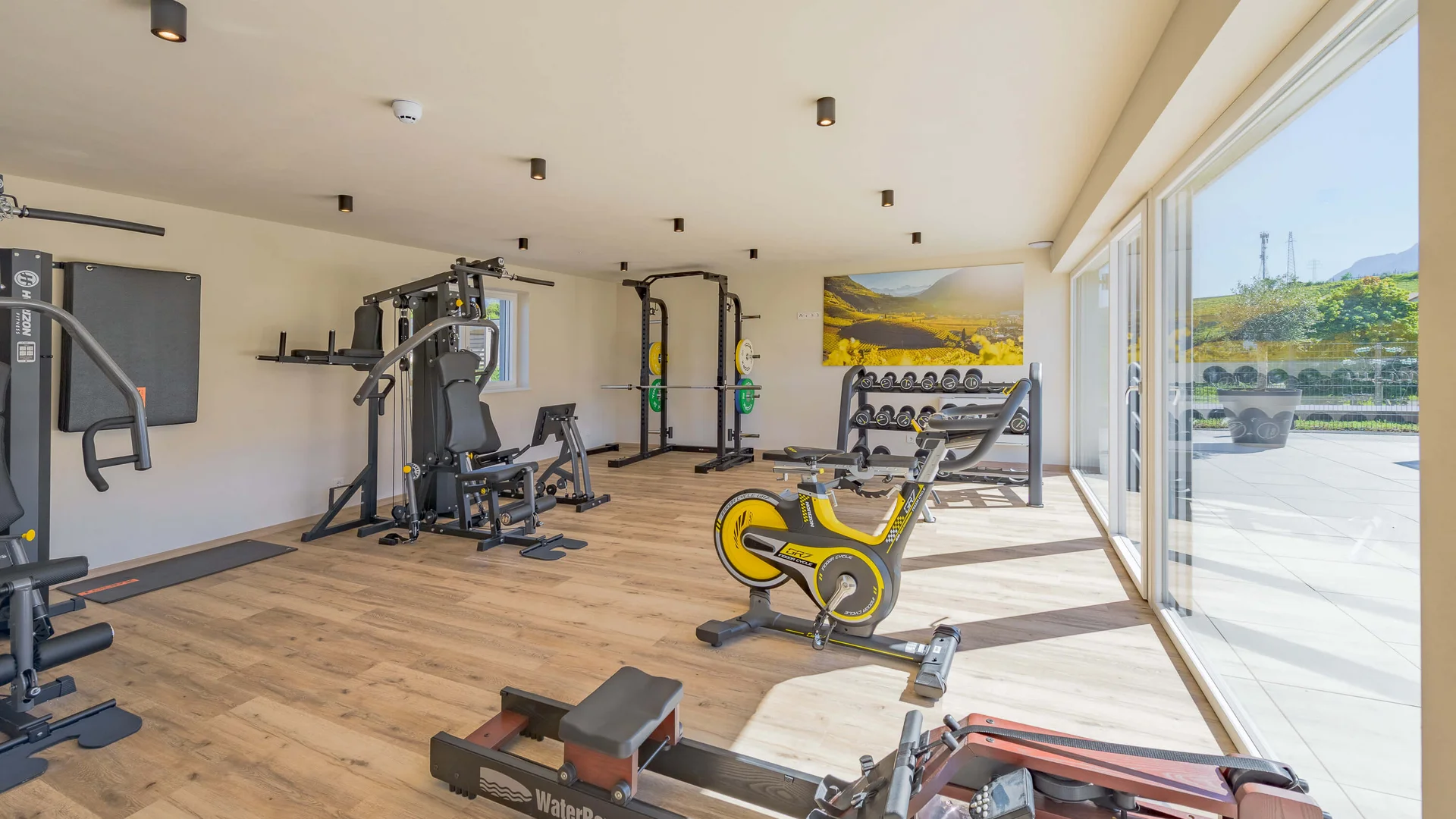 Helles Fitnessstudio mit Rudergerät, Heimtrainer und Gewichten neben großen Fenstern