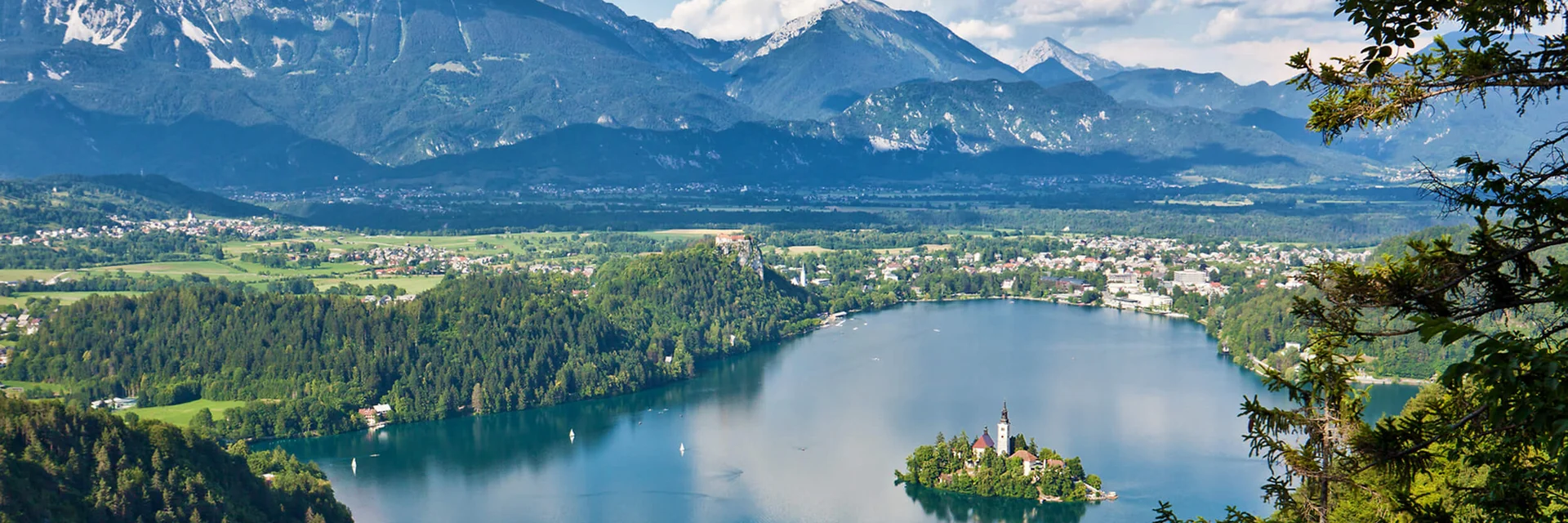 Lake with island and mountain landscape under clear sky