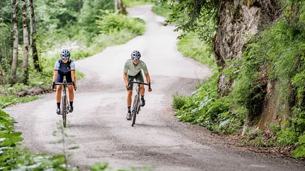 Two cyclists riding uphill on a forest path
