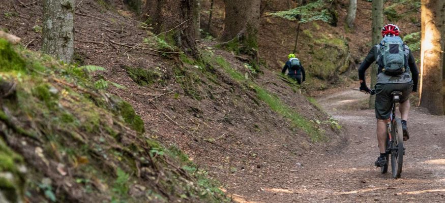 Mountainbiker fahren auf Waldweg mit Helm und Rucksack