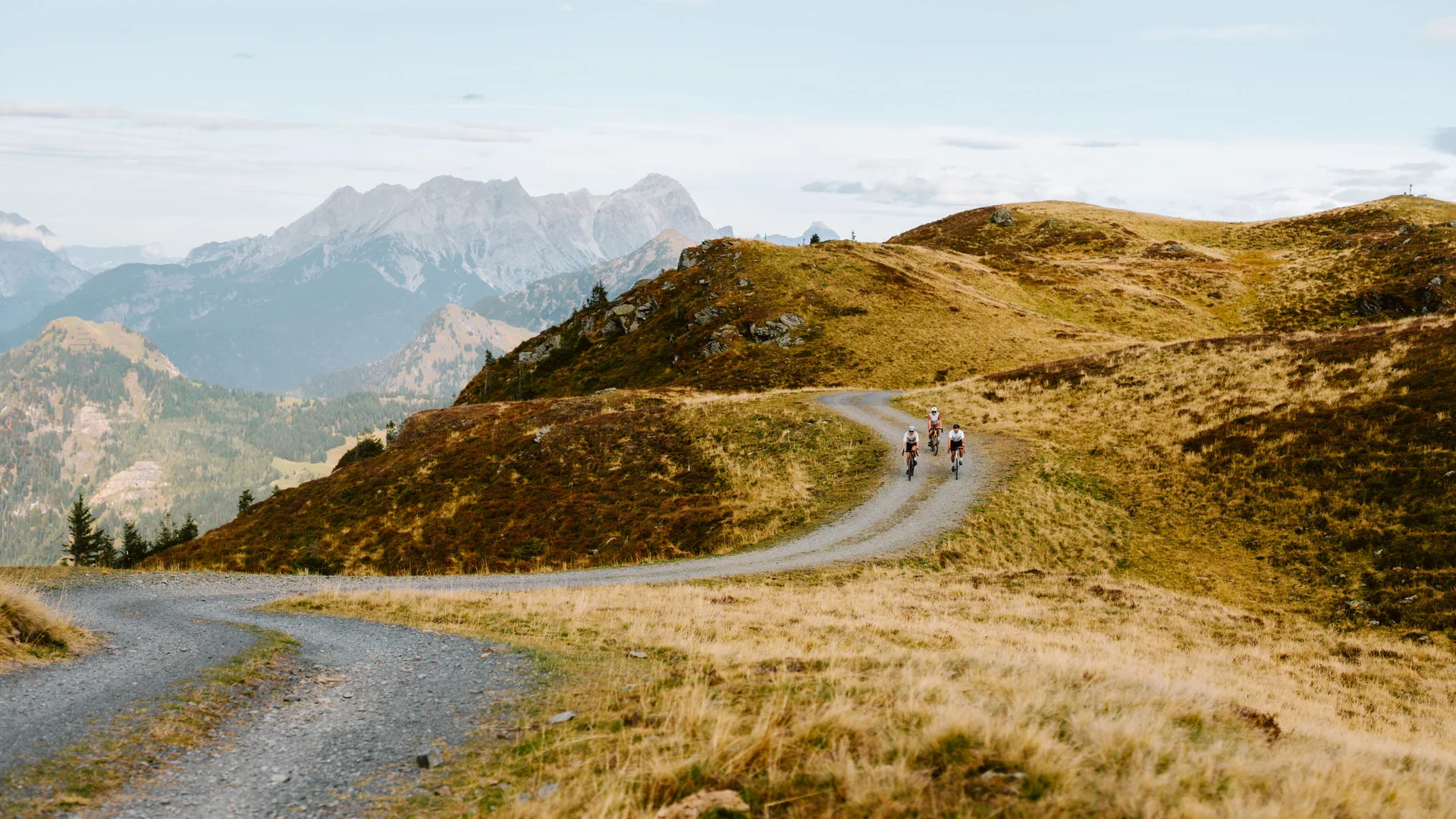 Drei Radfahrer fahren auf einem Bergweg vor Alpenkulisse