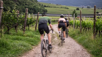 Drei Radfahrer fahren auf einem Feldweg durch eine grüne Landschaft mit Bergen