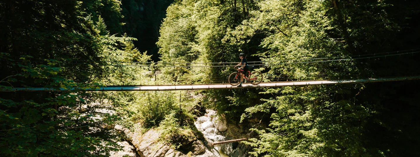 Mellental Naturschutzgebiet © into the wold - Christina Neubauer Fahrradfahrer auf schmaler Hängebrücke über Fluss in grünem Wald